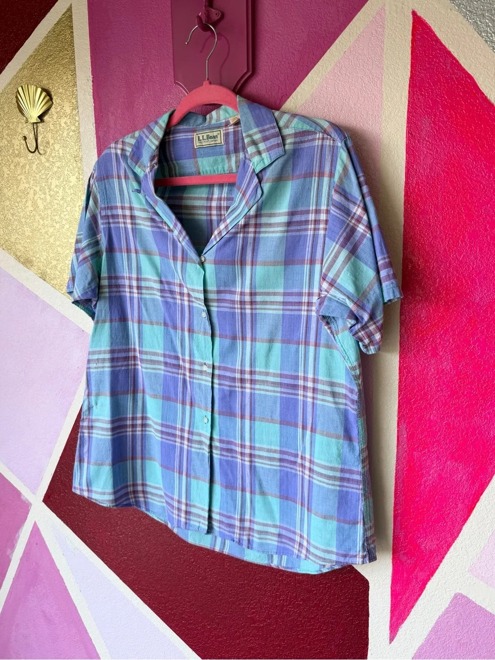 Vintage L.L. Bean Plaid Shirt Sz 18 Made in USA Purple Teal Short Sleeve